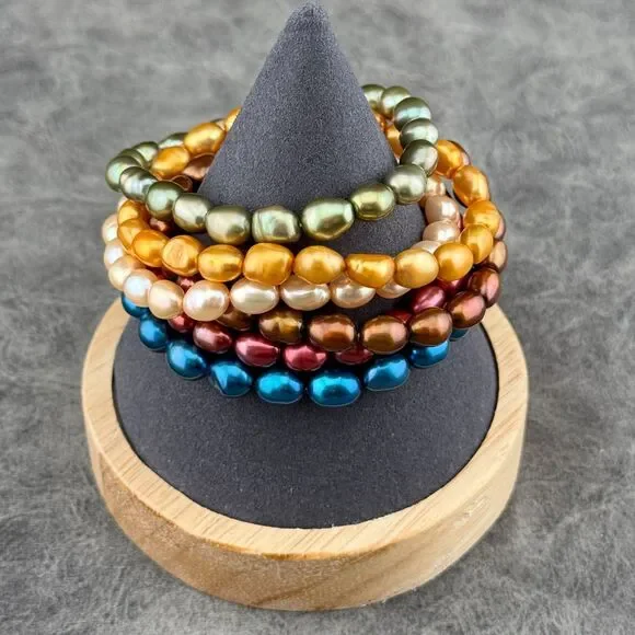 Set of Six 6 Cultured Large 0.25" Freshwater Pearls Stretch Bracelets Multicolor - Picture 5 of 11